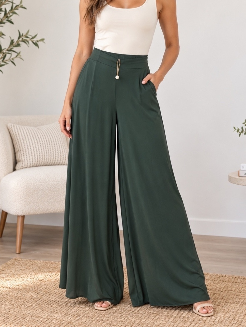 Quince Wide Leg Pants Dark Green Silk Spandex Large